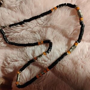 Black and Orange Beaded Necklace with Silver Accents